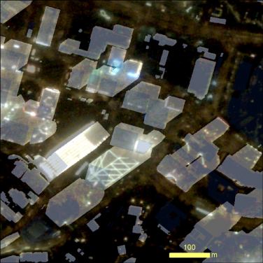 Light emitted by each building in the analysis had been conducted with the height of buildings from the CDSI Portal included (white polygons). Image credit: Hong Kong Light Pollution Research Project Team, HKU.